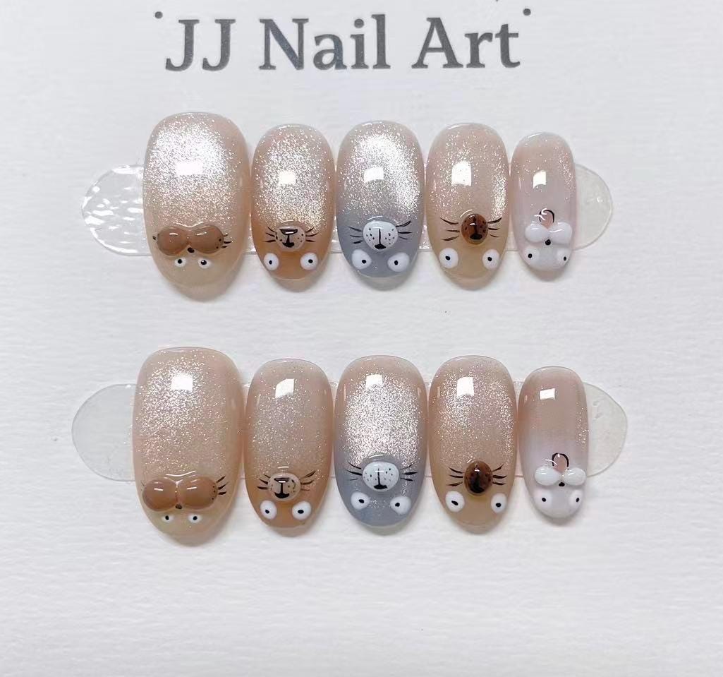 Cute Monsters Hand Painted Press On Nails: Custom Shape Reusable Nail Set