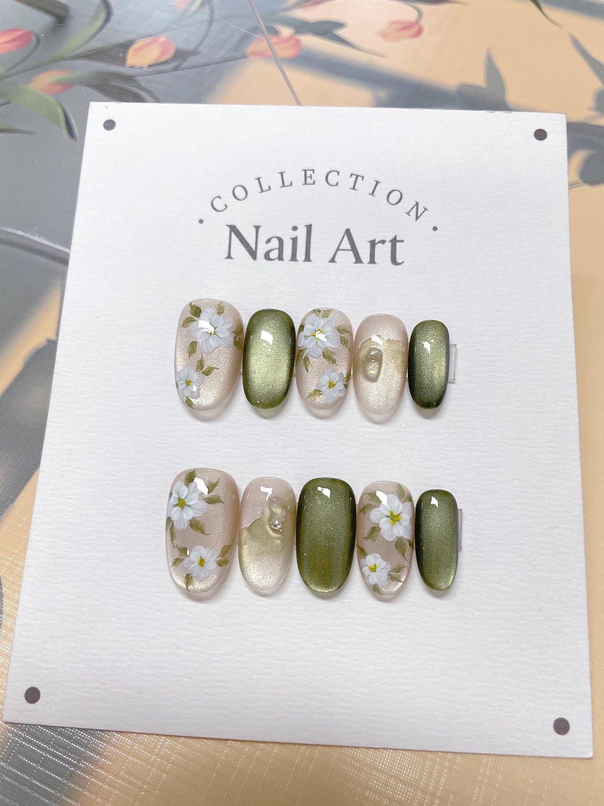 White Flower Cat Eye Press On Nails: Hand Painted Reusable Faux Nails
