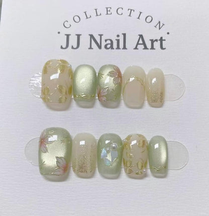 Handmade Light Green Cat Eye Press On Nails: Reusable Set