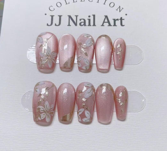 White Petals Cat Eye Press On Nails: Reusable Custom Shape Set