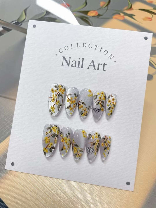 Hand Painted Press On Nails: Fall Floral Gel Faux Nails