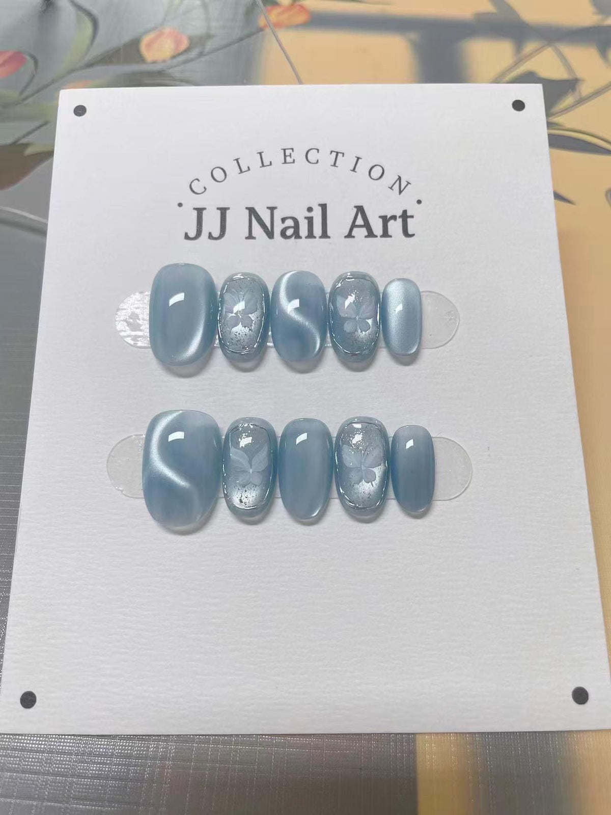 Ocean Blue Cat Eye Press On Nails: Custom Shape Reusable Set