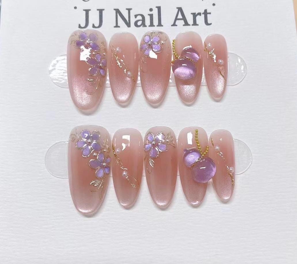 Purple Petals Hand Painted Press On Nails: Custom Shape Reusable Nail Set