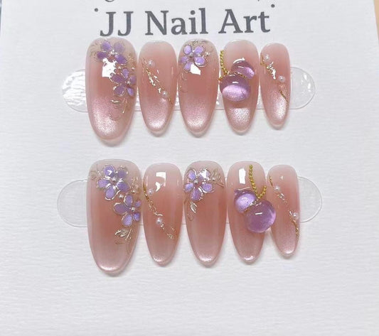 Purple Petals Hand Painted Press On Nails: Custom Shape Reusable Nail Set