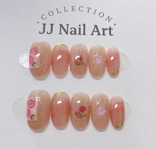 Handmade Vintage Red Roses Press On Nails: Reusable Set, Butterfly Accent