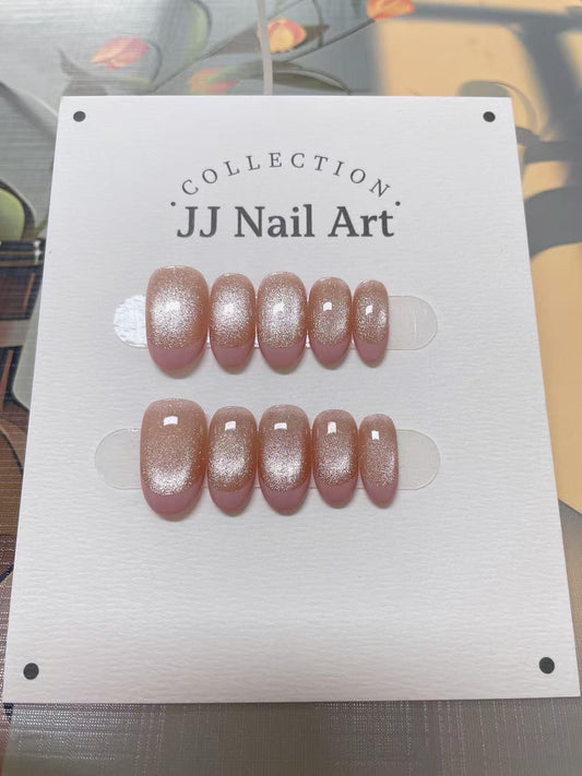 Pink French Cat Eye Hand Painted Press On Nails: Custom Shape Reusable Nail Set