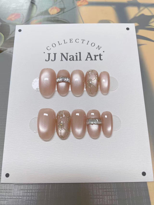 Peach Cat Ety Pattern Hand Painted Press On Nails: Custom Shape Reusable Nail Set