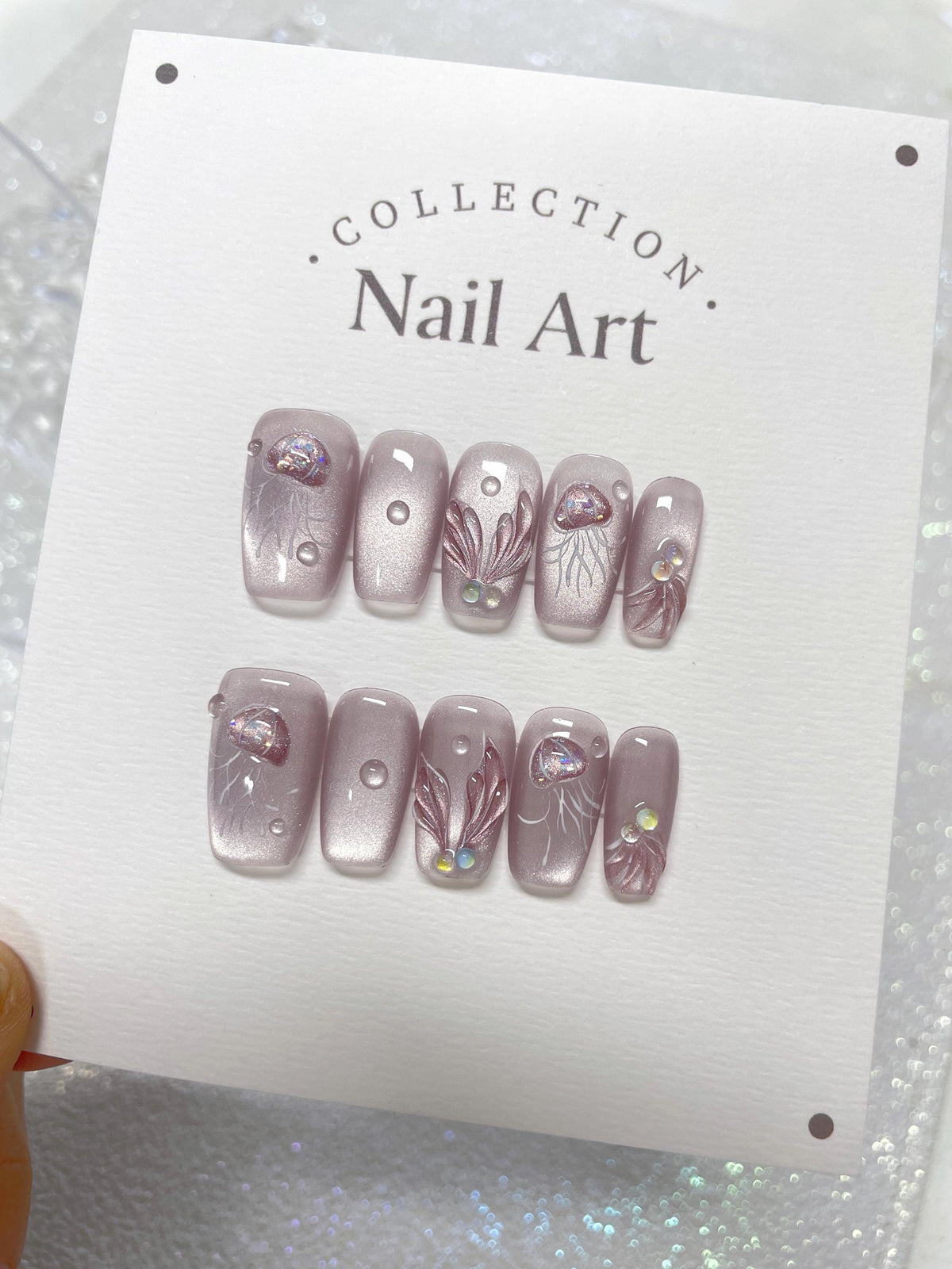 Hand Painted Purple Jellyfish Press On Nails: Reusable Cat Eye Faux Nails