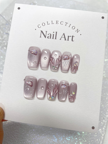 Hand Painted Purple Jellyfish Press On Nails: Reusable Cat Eye Faux Nails