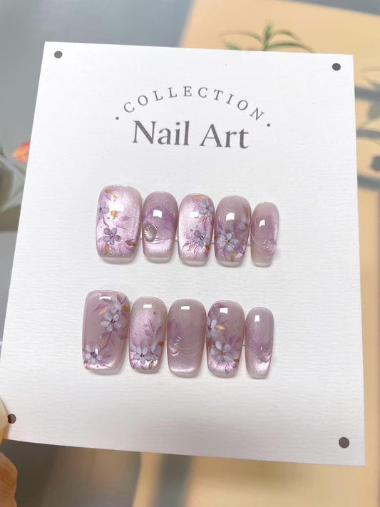 Hand Painted Pink Flowers Press On Nails: Reusable Artist Faux Nails