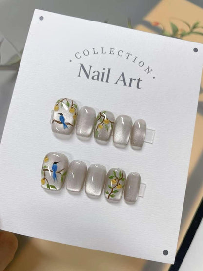 Hand Painted Floral Bird Press On Nails: Reusable Gel Faux Nails