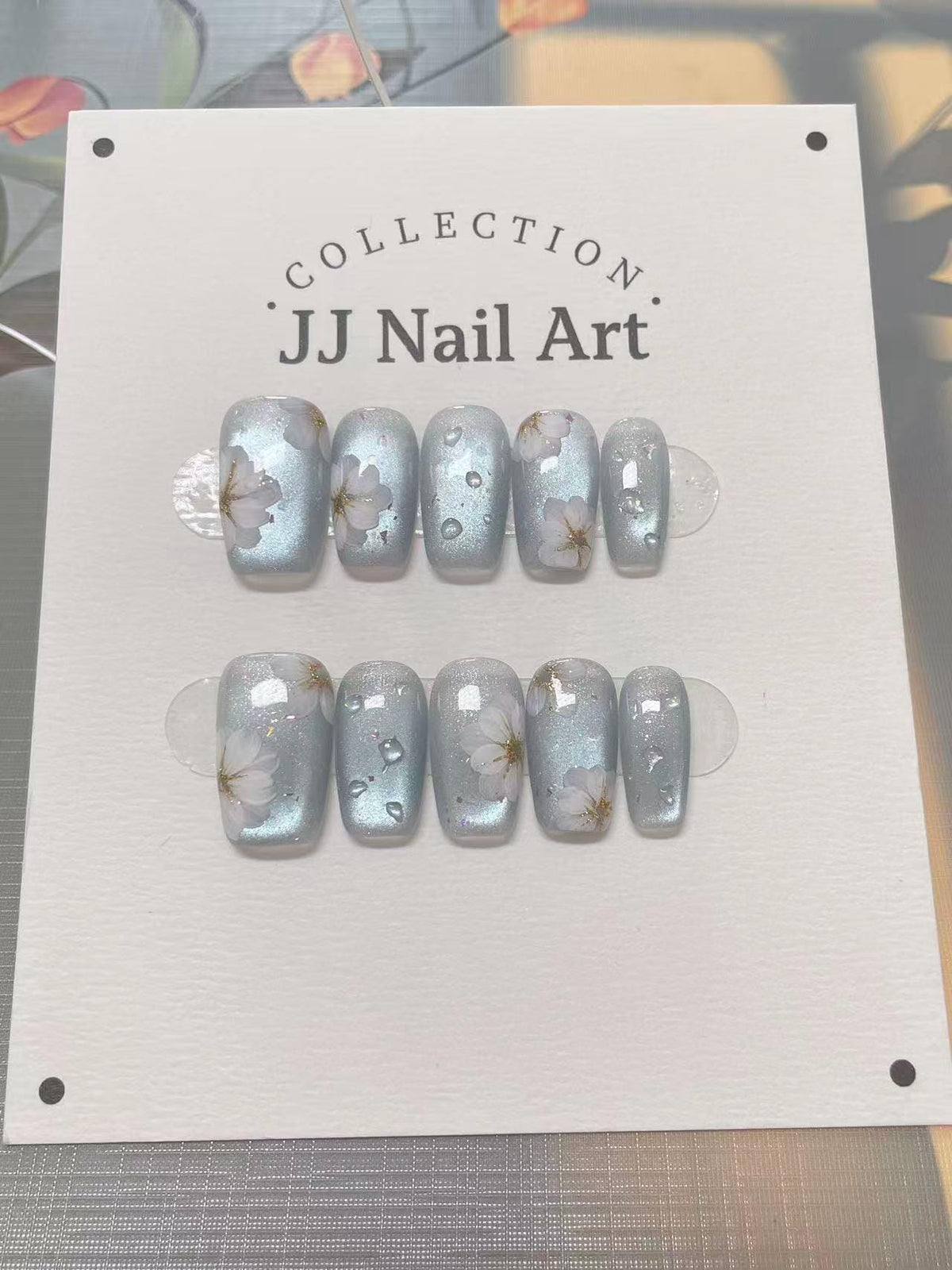 Handmade Blue Cat Eye Petals  Press On Nails: Floral French Reusable Set