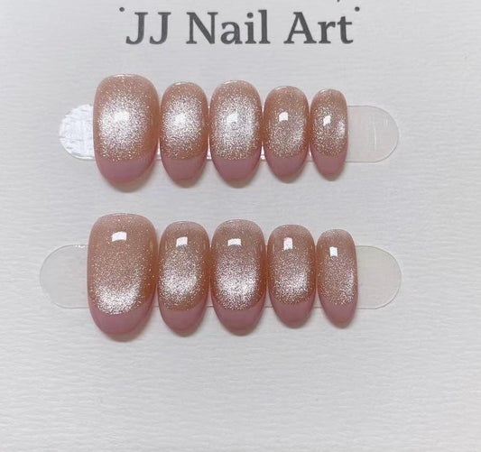 Pink French Cat Eye Hand Painted Press On Nails: Custom Shape Reusable Nail Set