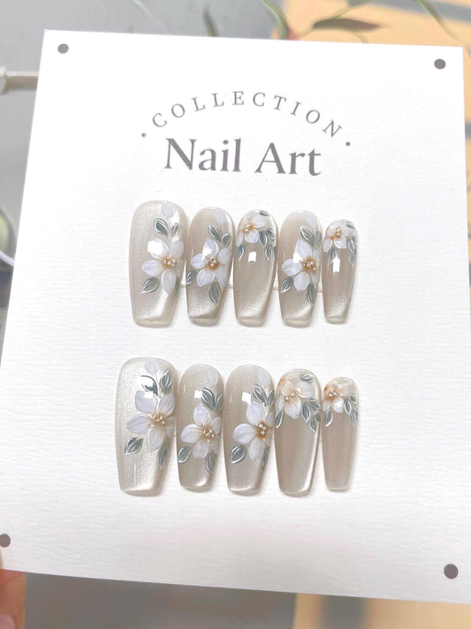 Hand Painted Cat Eye Floral Press On Nails: Reusable Artist Faux Nails