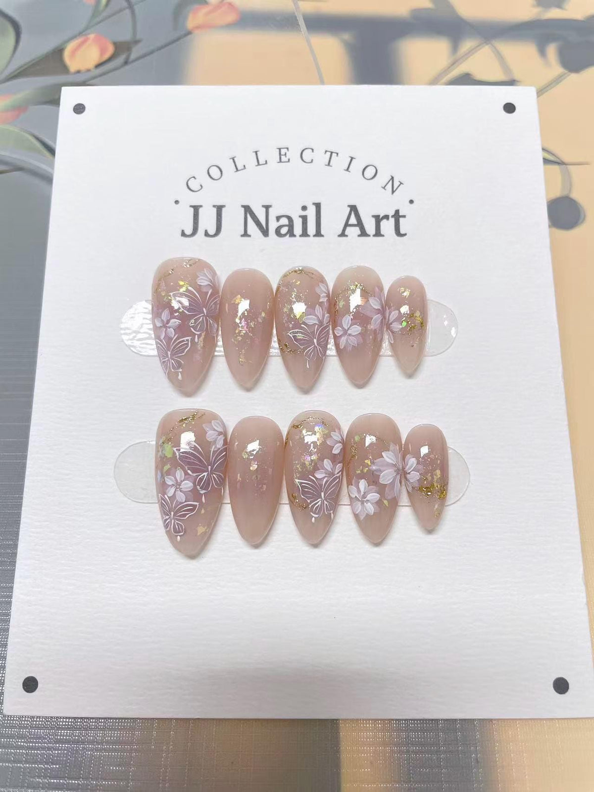 Flowers And Butterflies Hand Painted Press On Nails: Custom Shape Reusable Nail Set