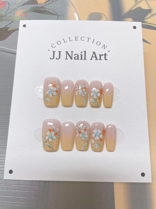 Hand Painted Yellow French Tip Press On Nails: Petal Design