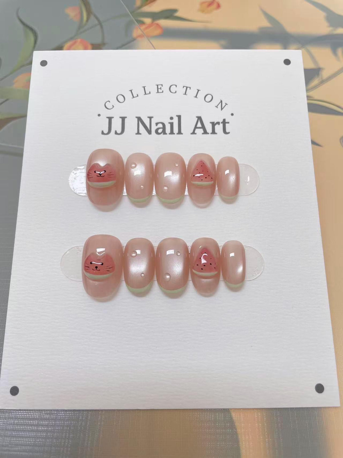 Handmade Watermelon Cat Cat Eye Press On Nails: Reusable Set