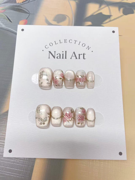 Pink Roses Butterfly Cat Eye Press On Nails: Hand Painted Reusable Faux Nails