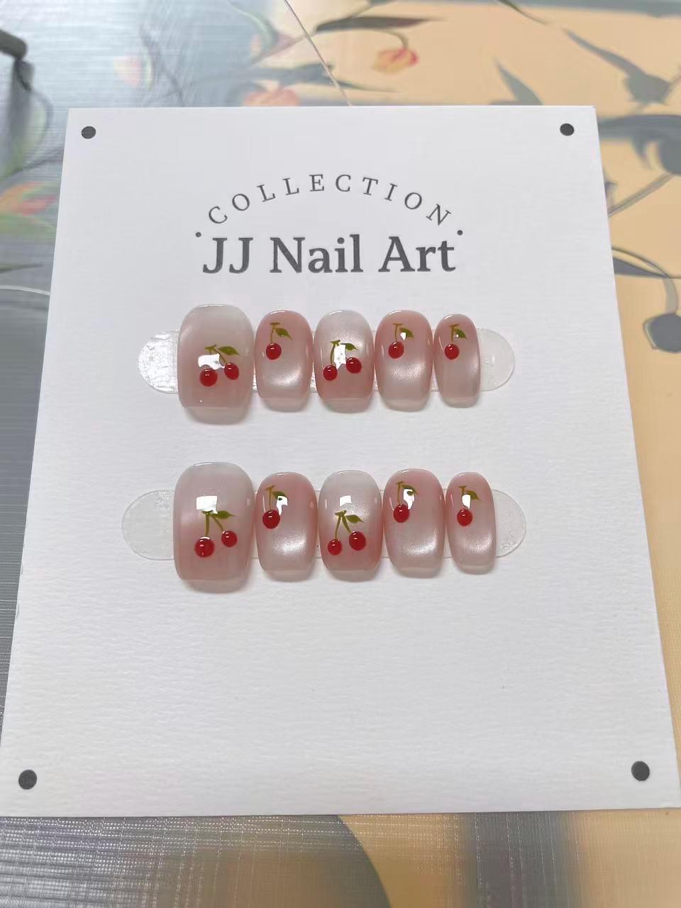 Handmade Cherry Cat Eye Press On Nails: Reusable Set