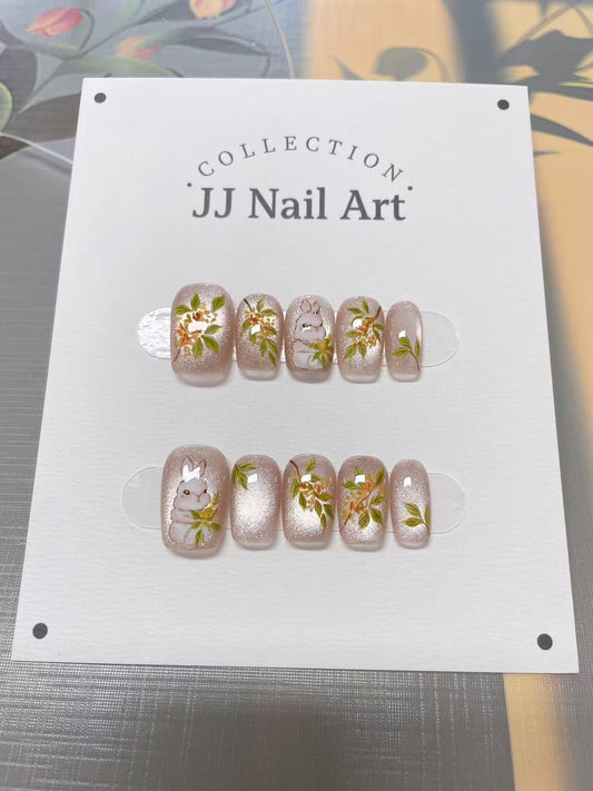 Custom Nail Shape Hand Painted Bunny Press On Nails: Reusable Flower Nail Art