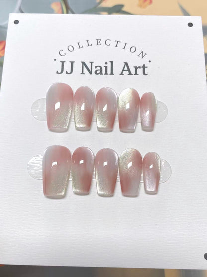 Light Pink Smudge Cat Eye Hand Painted Press On Nails: Custom Shape Reusable Nail Set