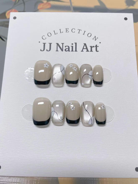 Handmade Black French With Petals Press On Nails: Custom Shape Reusable Nail Set