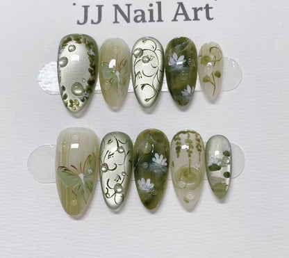 Spring Lilies Hand Painted Press On Nails: Reusable Custom Shape Set