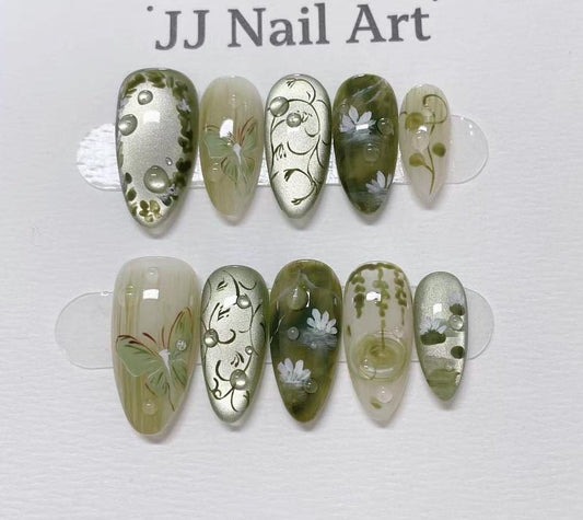 Spring Lilies Hand Painted Press On Nails: Reusable Custom Shape Set