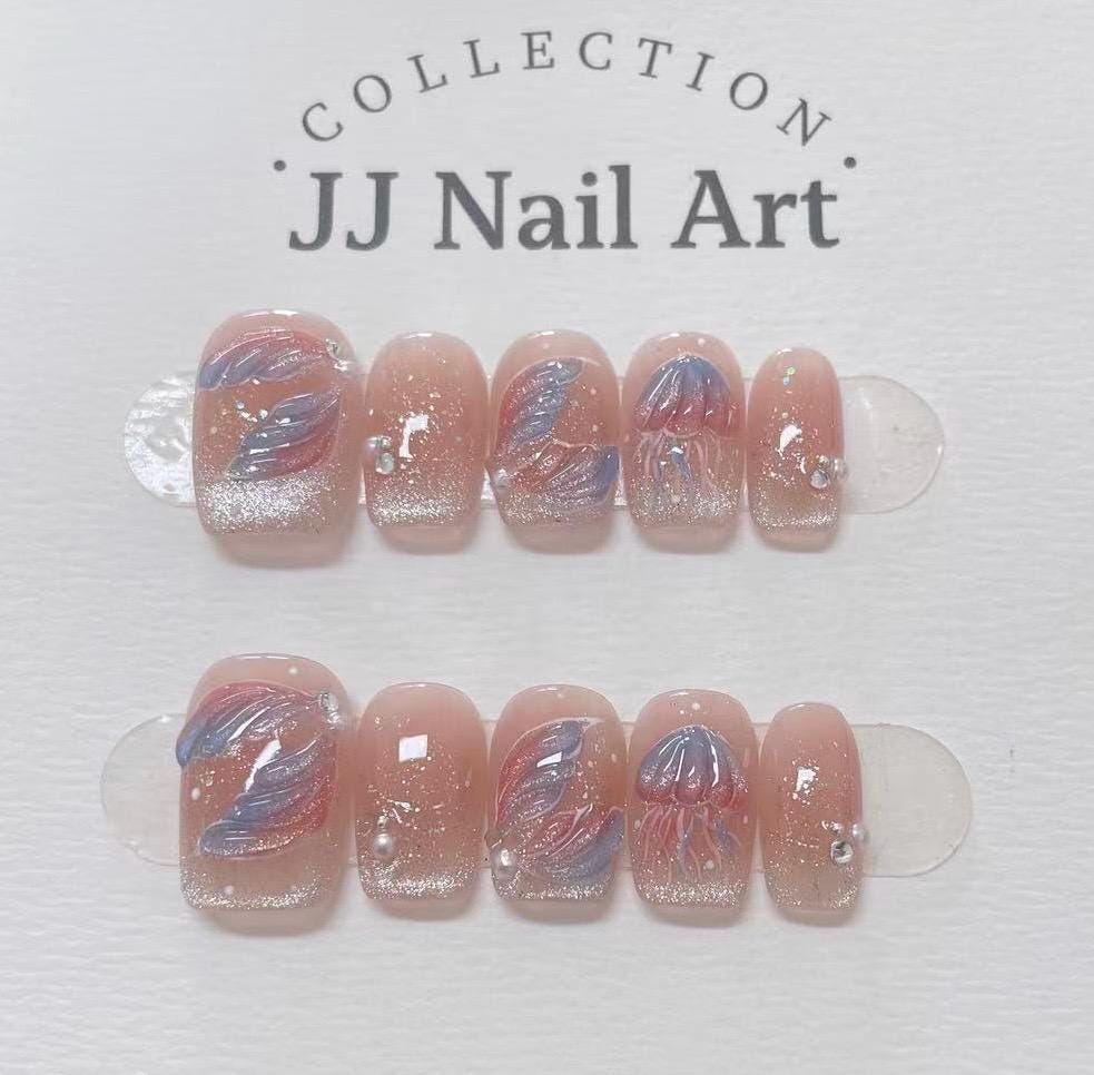 Handmade Jellyfish Cat Eye Petals  Press On Nails: Reusable Set