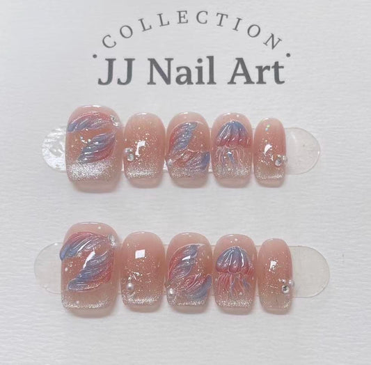 Handmade Jellyfish Cat Eye Petals  Press On Nails: Reusable Set