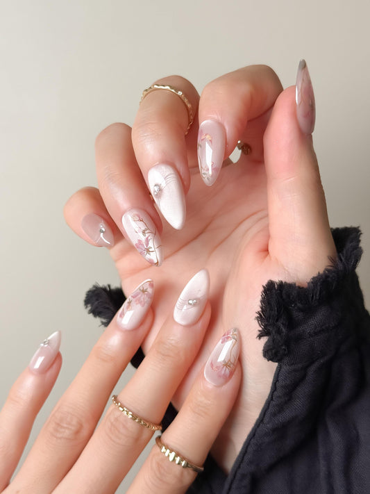 Hand Painted Press On Nails: Pink Flowers Cat Eye, Reusable Faux Nails