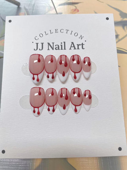 Handmade Blood Drops White French Press On Nails: Reusable Nail Set