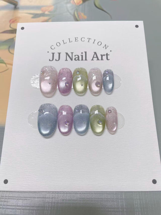 Pastels Glitters Handmade Press On Nails: Custom Shape Reusable Set