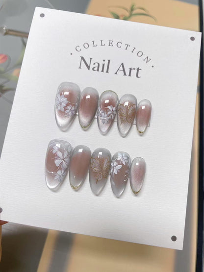 Gold Floral Outline Press On Nails: Hand Painted Reusable Faux Nails