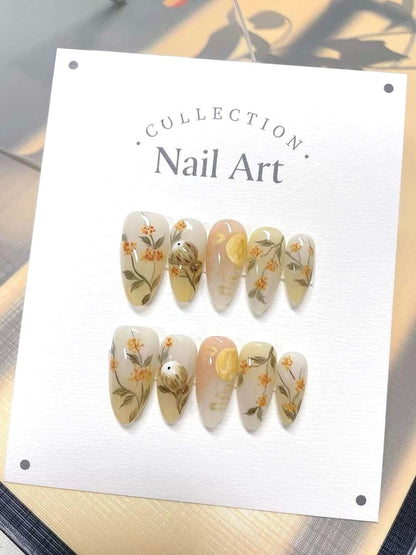 Handmade Fall Flower Press On Nails: Reusable Gel Faux Nails