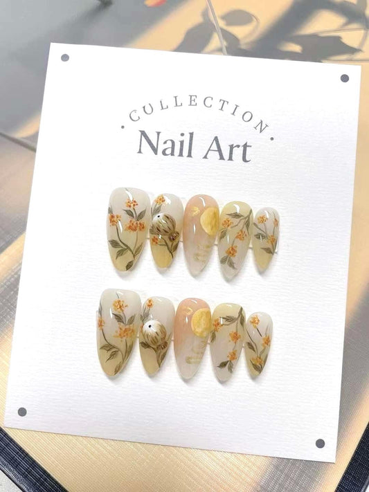 Handmade Fall Flower Press On Nails: Reusable Gel Faux Nails