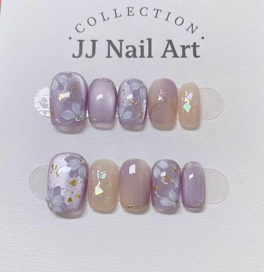 Purple Cat Eye Hand Painted Press On Nails: Custom Shape Reusable Nail Set