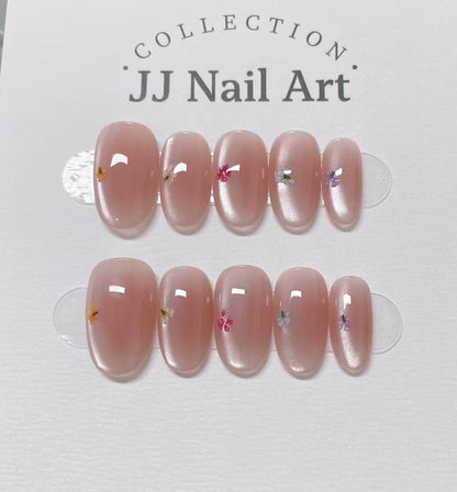 Petals in Cat Eye Handmade Press On Nails: Reusable Custom Shape Set, Pastel Colors