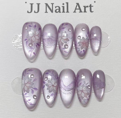 Purple Cat Eye W Petals Press On Nails: Hand Painted Reusable Custom Shape Nails