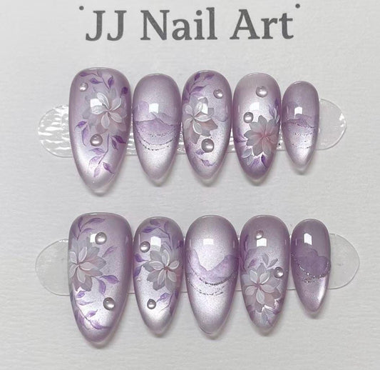 Purple Cat Eye W Petals Press On Nails: Hand Painted Reusable Custom Shape Nails