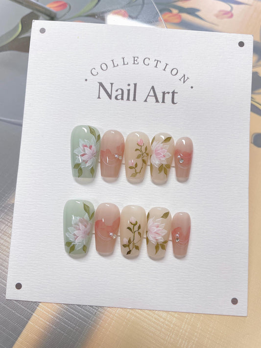 Hand Painted Floral Press On Nails: Reusable Watercolor Faux Nails