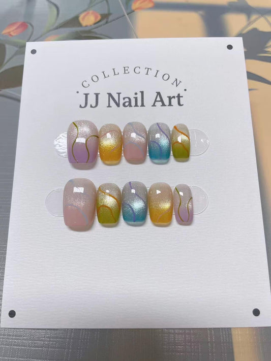 Colorful Patterns Hand Painted Press On Nails: Custom Shape Reusable Nail Set