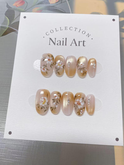 Custom Nail Shape Hand Painted Press On Nails, White Flower Design, Reusable Faux Nails