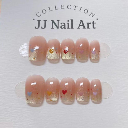 Handmade Colorful Hearts Press On Nails: Reusable Set