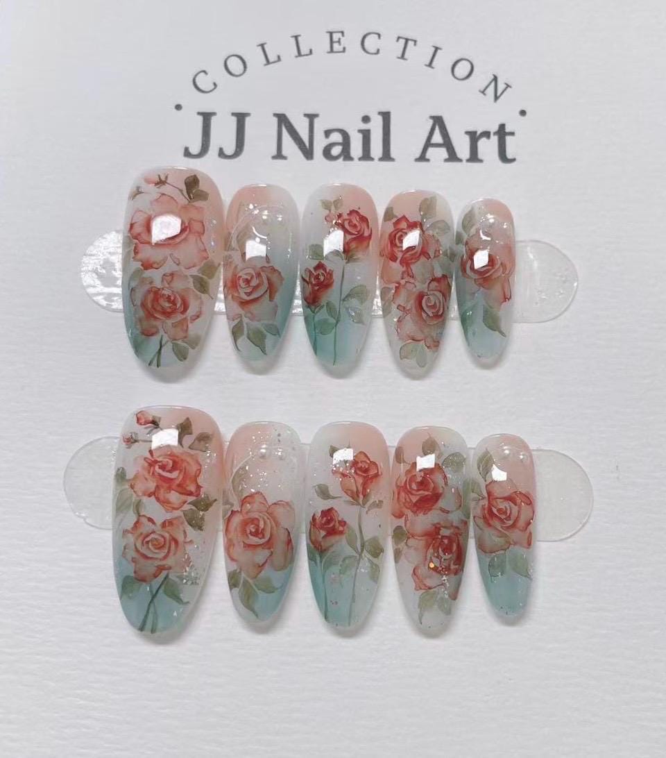 Hand Painted Red Roses Press On Nails: Reusable Custom Shape Set