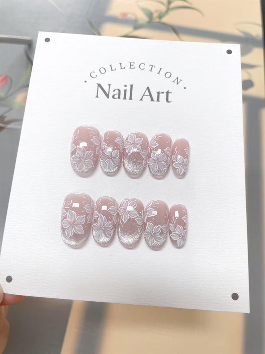 Hand Painted Flower Outline Press On Nails: Reusable Artist Faux Nails