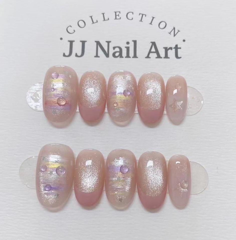 Handmade Pink French Cat Eye Petals  Press On Nails: Floral French Reusable Set