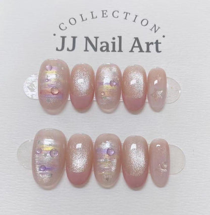 Handmade Pink French Cat Eye Petals  Press On Nails: Floral French Reusable Set