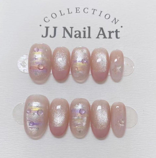 Handmade Pink French Cat Eye Petals  Press On Nails: Floral French Reusable Set