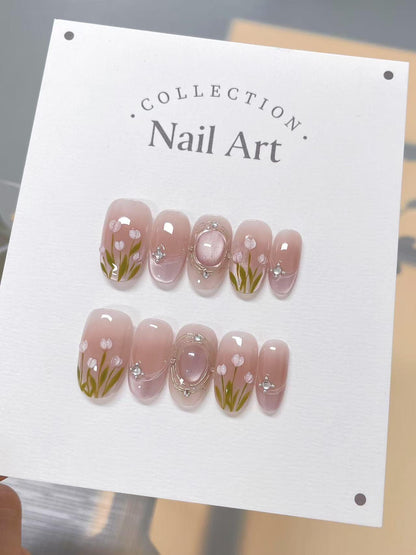 Pink Tulip Press On Nails: Hand Painted Reusable Faux Nails